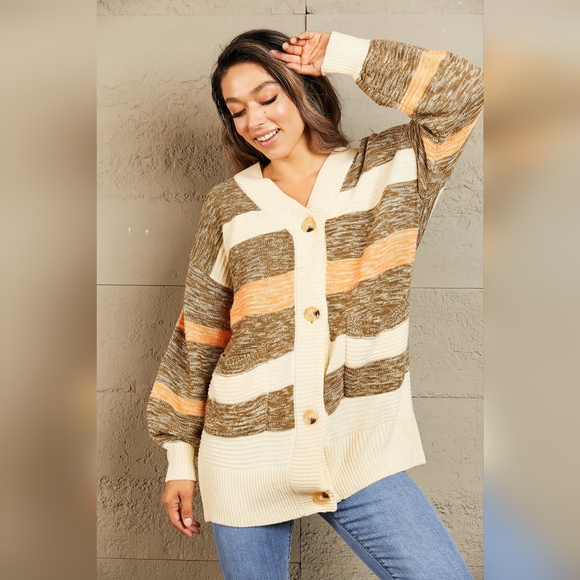 Woven Right Striped Button Down Longline Cardigan with Pockets - Picture 4 of 10